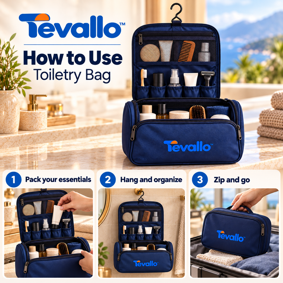 Tevallo™ Hanging Toiletry Bag, Your Travel Bathroom Wherever You Land